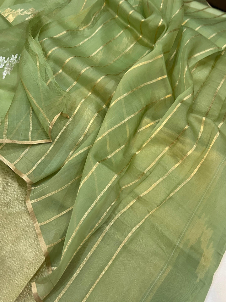 Pastel Olive Green Banarasi Handloom Kora Silk Saree - Aura Benaras