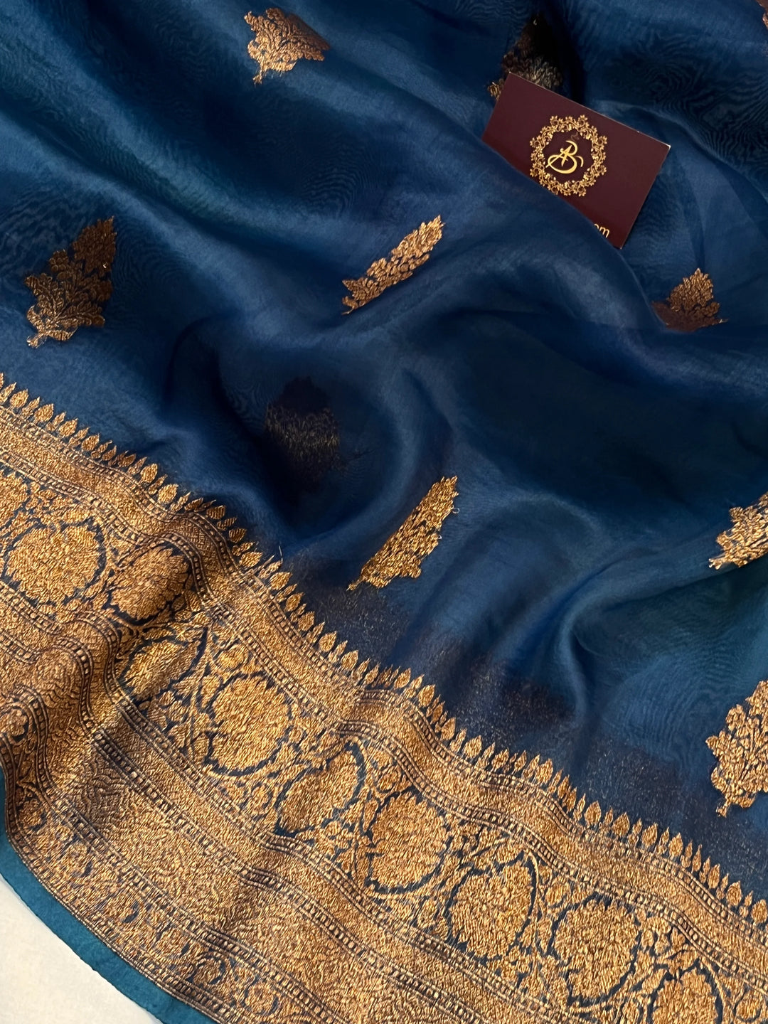 Teal Blue Pure Kora Silk Handloom Banarasi Saree