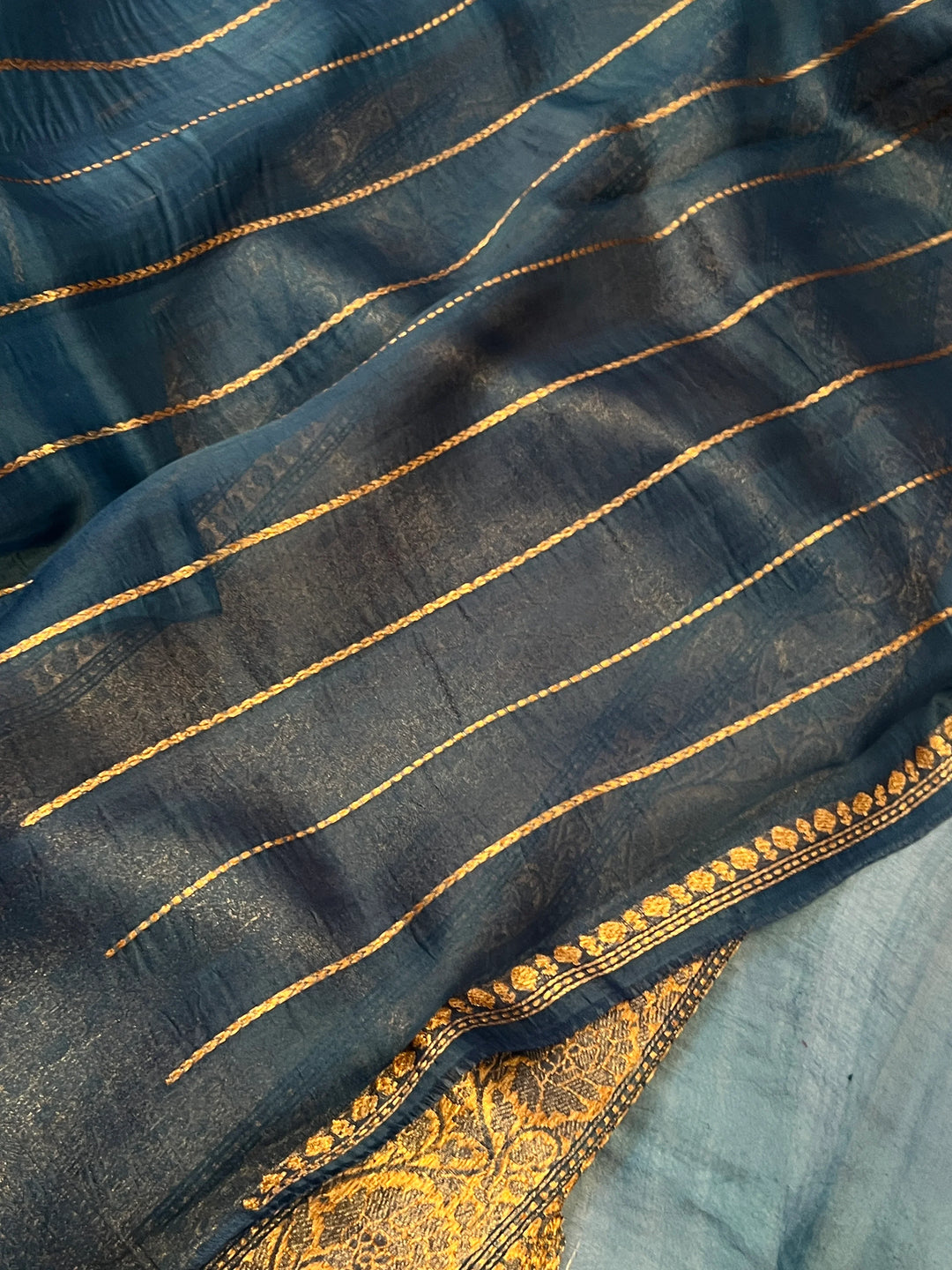 Teal Blue Pure Kora Silk Handloom Banarasi Saree