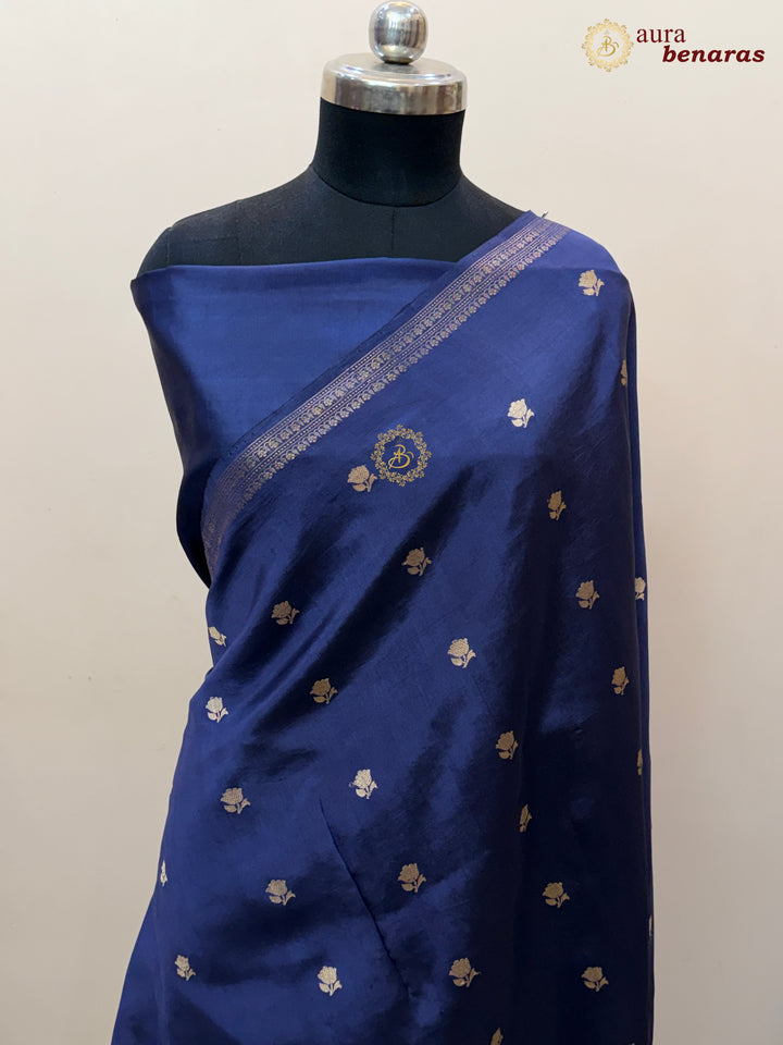Navy Blue Banarasi Silk Saree with Kadhwa Floral Zari Buta