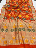 Orange Banarasi Khaddi Georgette Saree - Aura Benaras