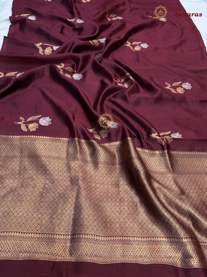 Maroon Banarasi Silk Saree with Kadhwa Sona Rupa Floral Motifs.