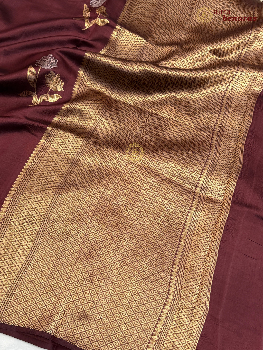 Maroon Banarasi Silk Saree with Kadhwa Sona Rupa Floral Motifs.