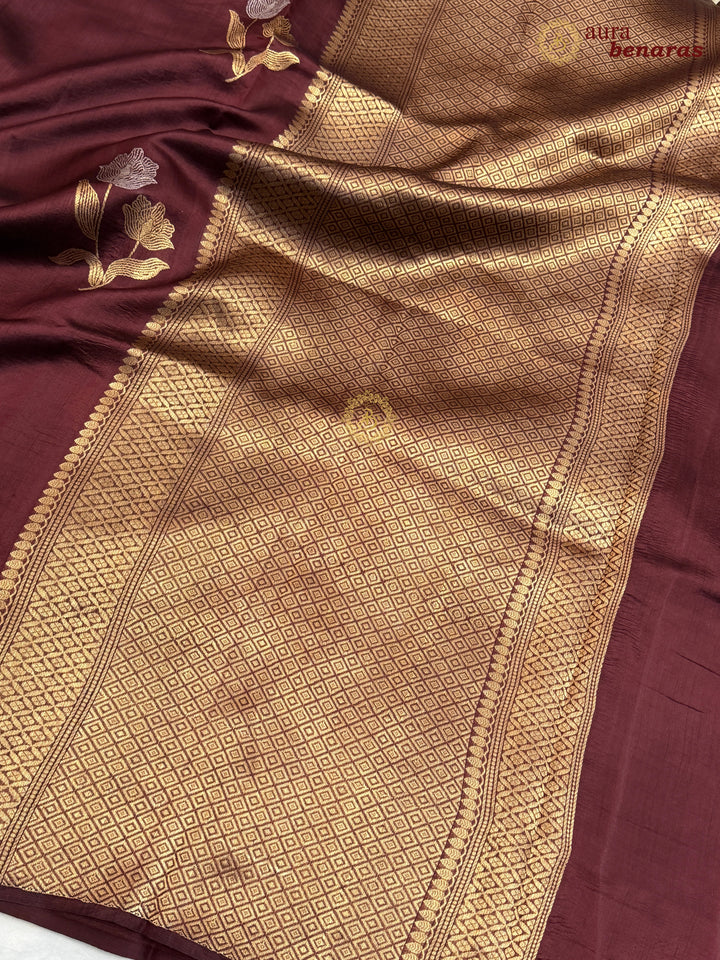 Maroon Banarasi Silk Saree with Kadhwa Sona Rupa Floral Motifs.