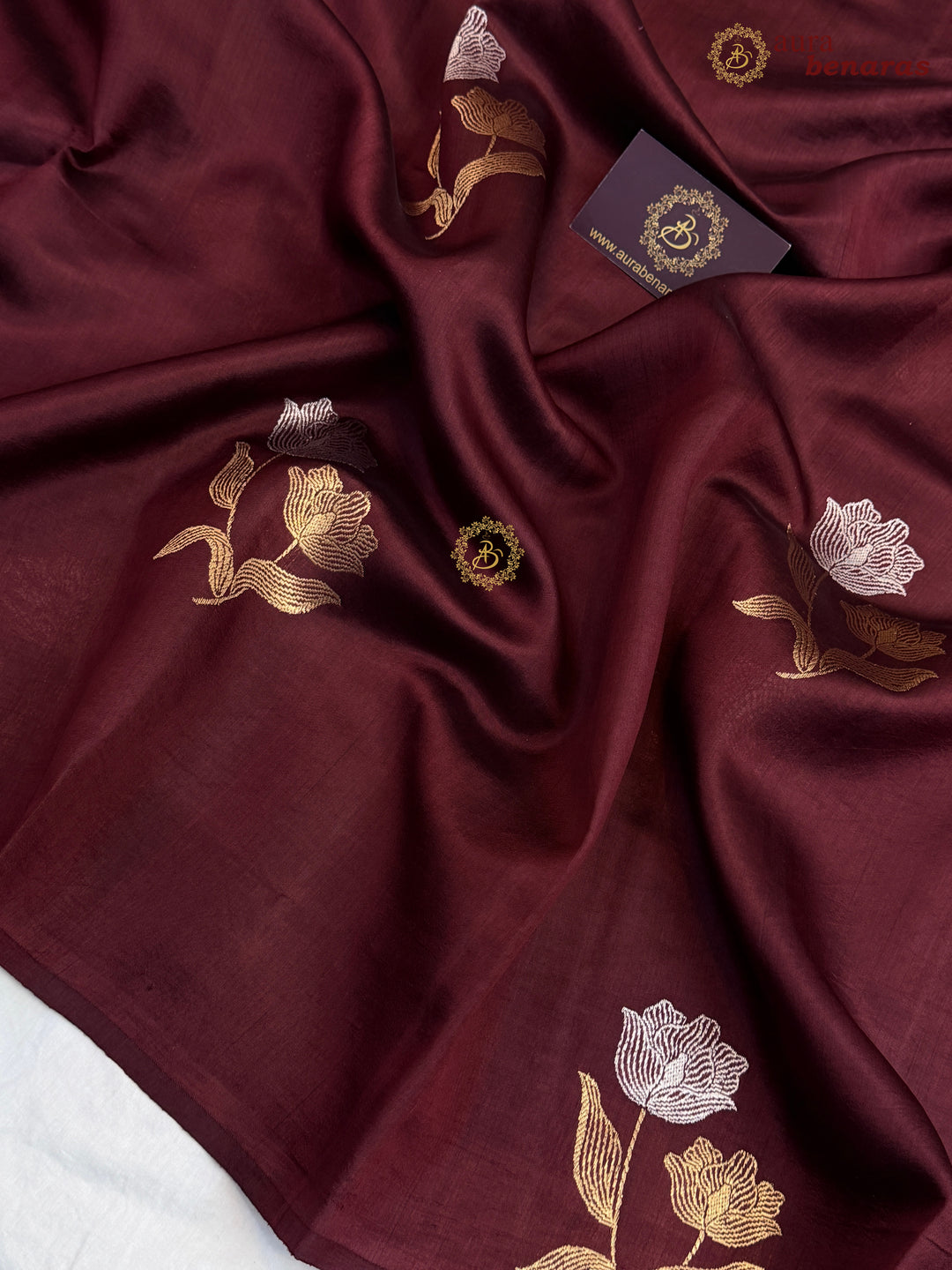 Maroon Banarasi Silk Saree with Kadhwa Sona Rupa Floral Motifs.