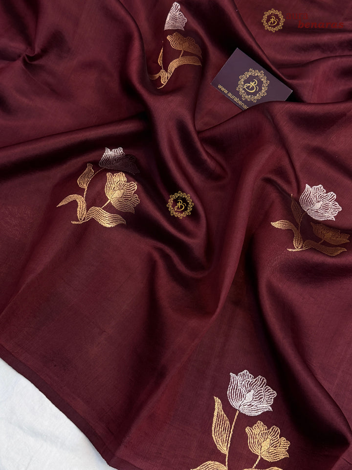 Maroon Banarasi Silk Saree with Kadhwa Sona Rupa Floral Motifs.