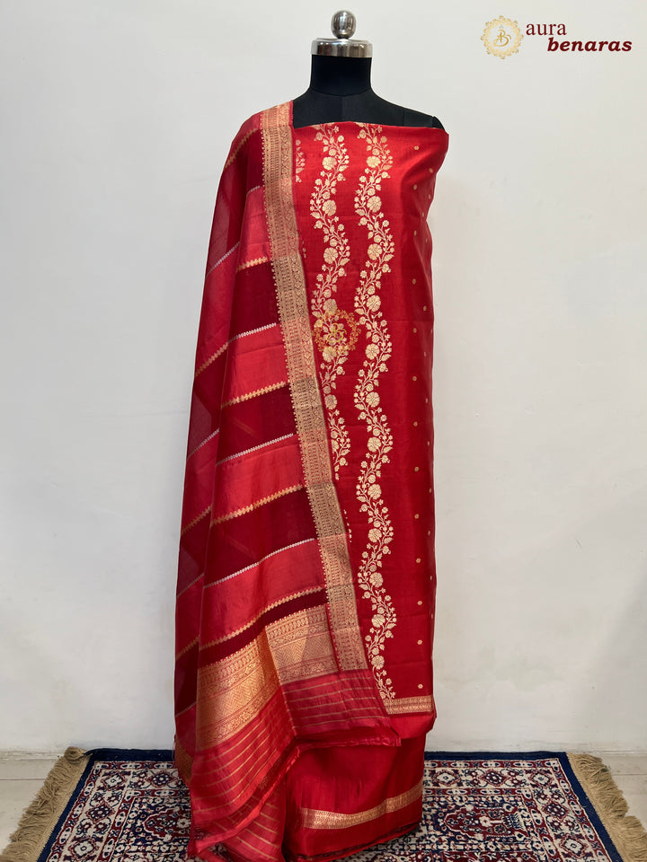 Red Pure Banarasi Silk Unstitched Suit with Kadhwa Work