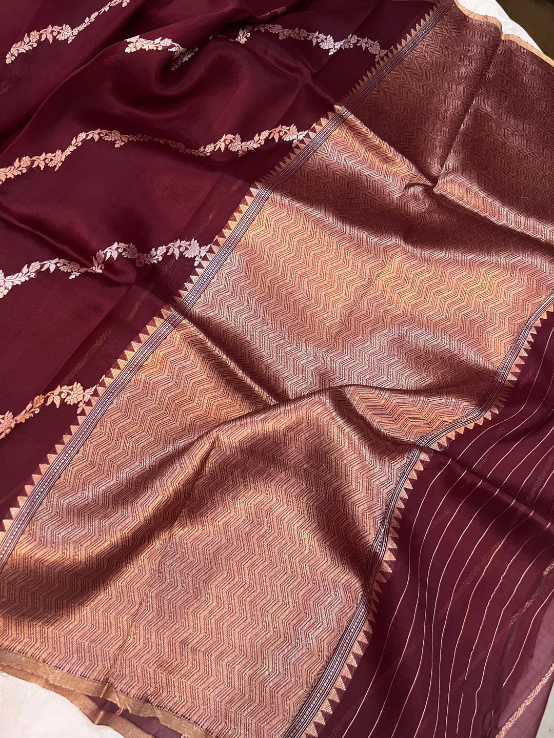 Maroon Banarasi Handloom Kora Silk Saree - Aura Benaras