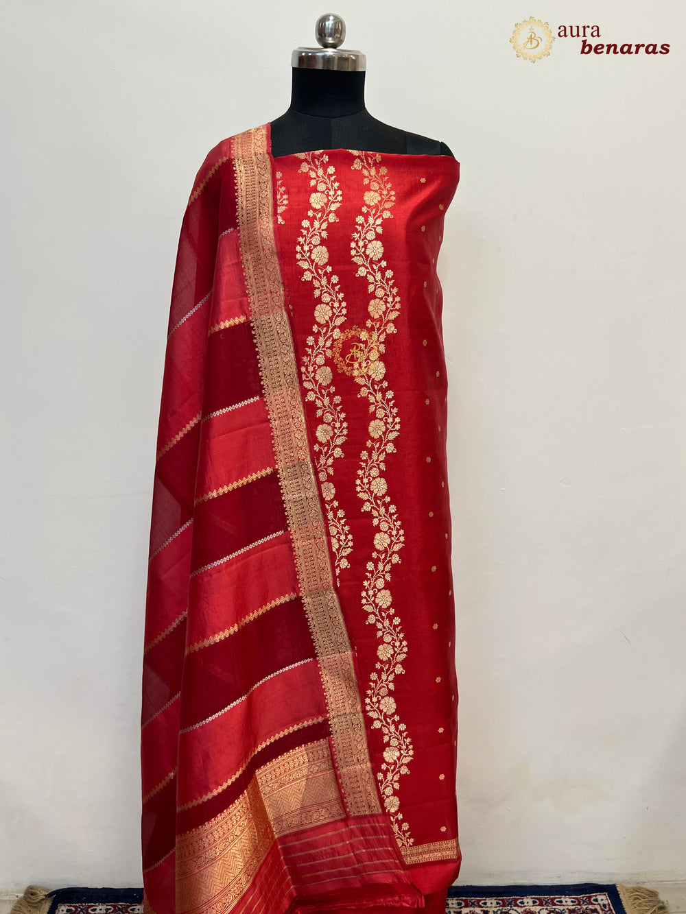 Red Pure Banarasi Silk Unstitched Suit with Kadhwa Work
