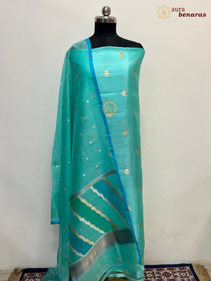 Teal Blue Pure Banarasi Silk Unstitched Suit Kadhwa Work
