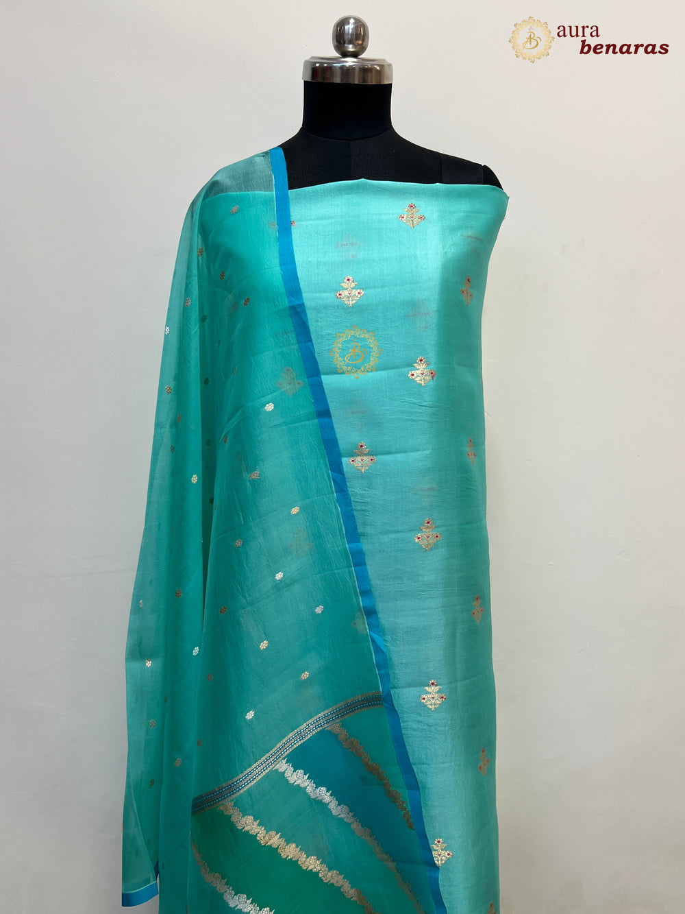 Teal Blue Pure Banarasi Silk Unstitched Suit Kadhwa Work