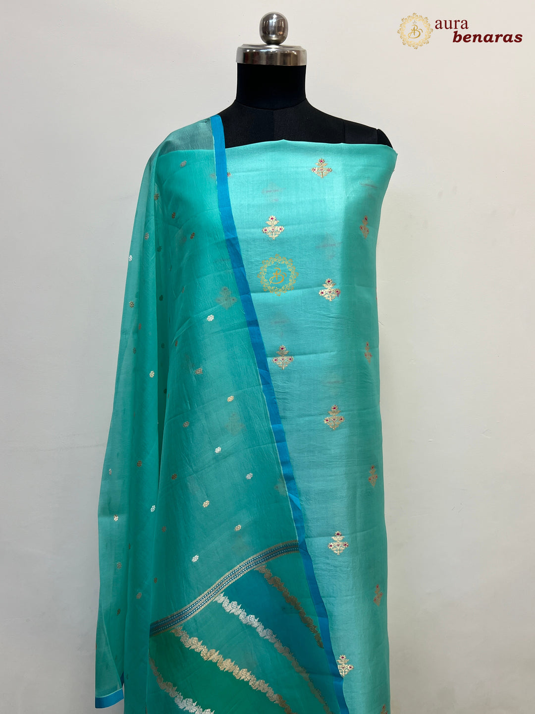 Teal Blue Pure Banarasi Silk Unstitched Suit Kadhwa Work