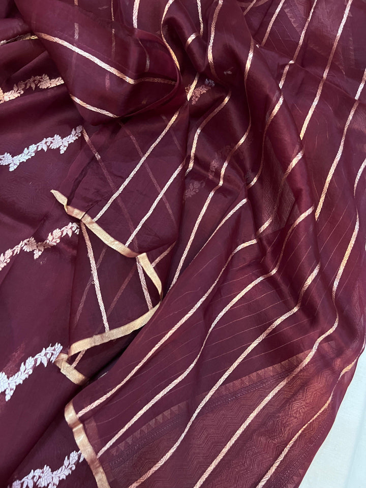 Maroon Banarasi Handloom Kora Silk Saree - Aura Benaras