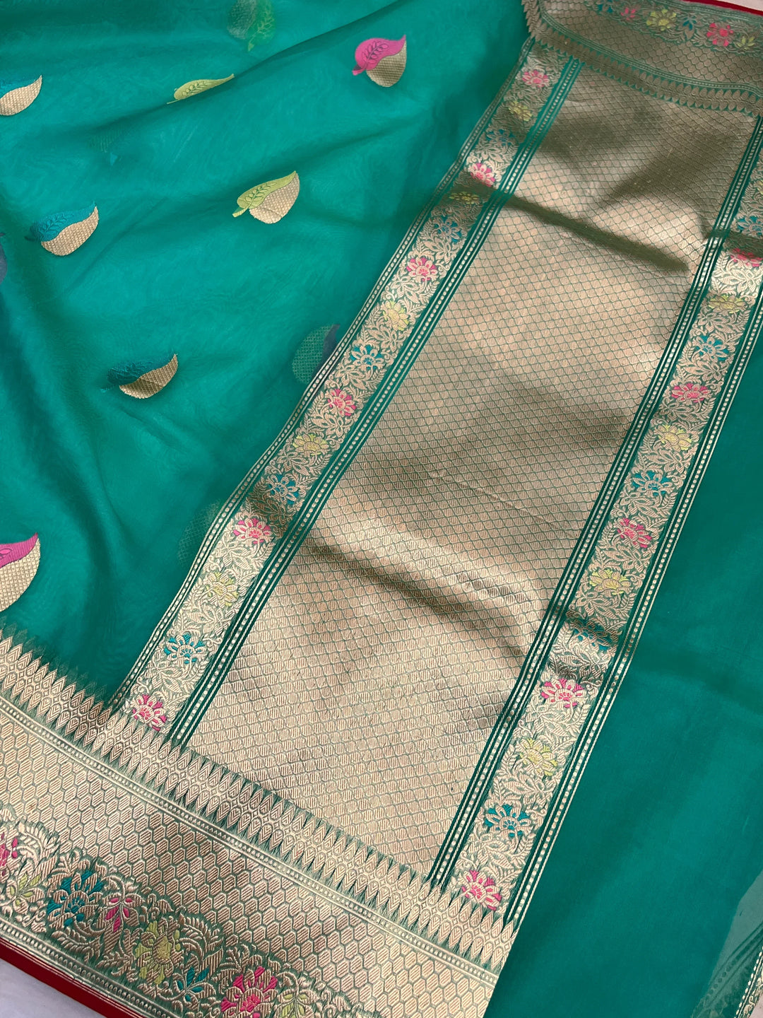 Sea Green Banarasi Handloom Kora Silk Saree - Aura Benaras