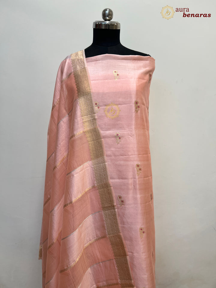 Rosy Pink Pure Banarasi Silk Unstitched Suit Kadhwa Work