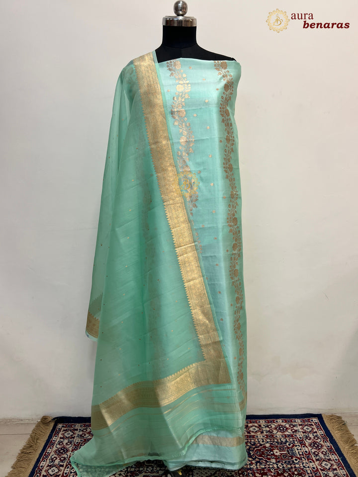 Mint Green Pure Banarasi Silk Unstitched Suit with Kadhwa Work
