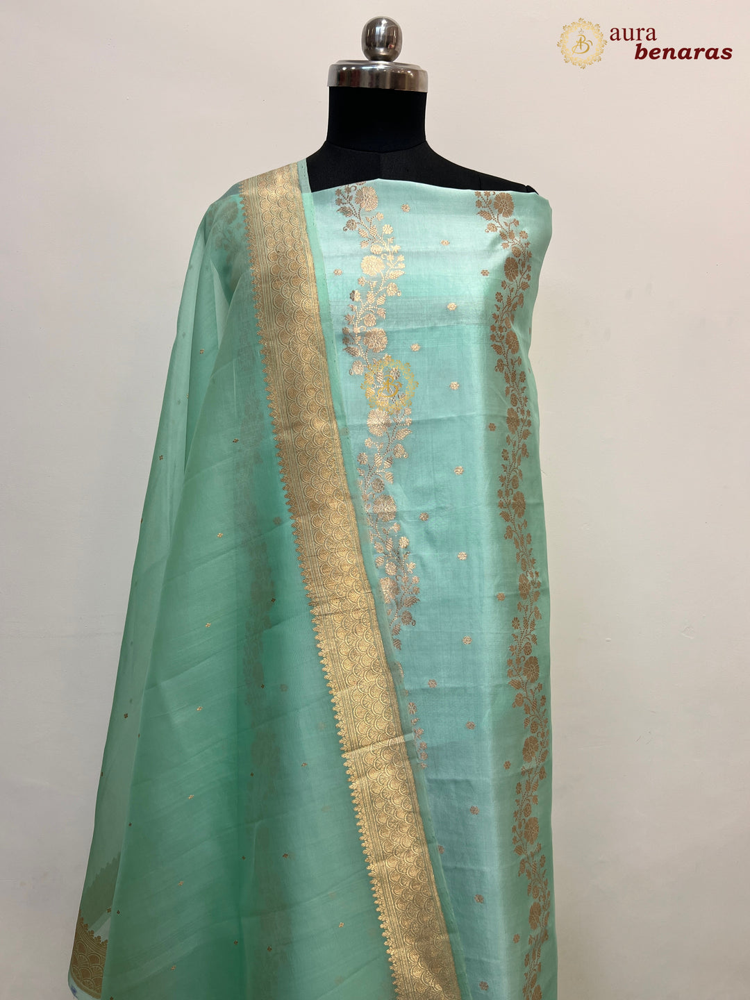 Mint Green Pure Banarasi Silk Unstitched Suit with Kadhwa Work