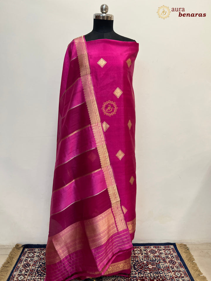 Rani Pink Pure Banarasi Silk Unstitched Suit Kadhwa Work