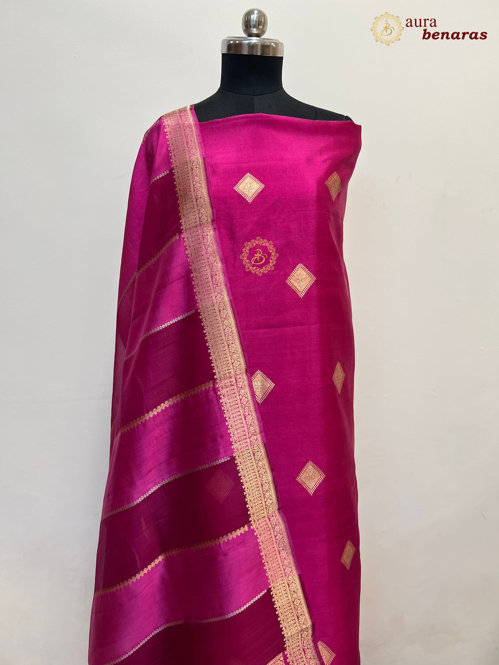 Rani Pink Pure Banarasi Silk Unstitched Suit Kadhwa Work