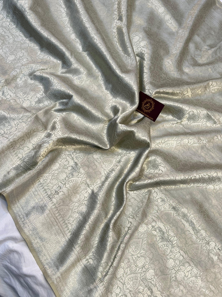 Light grey Pure Katan silk Handloom Banarasi Saree