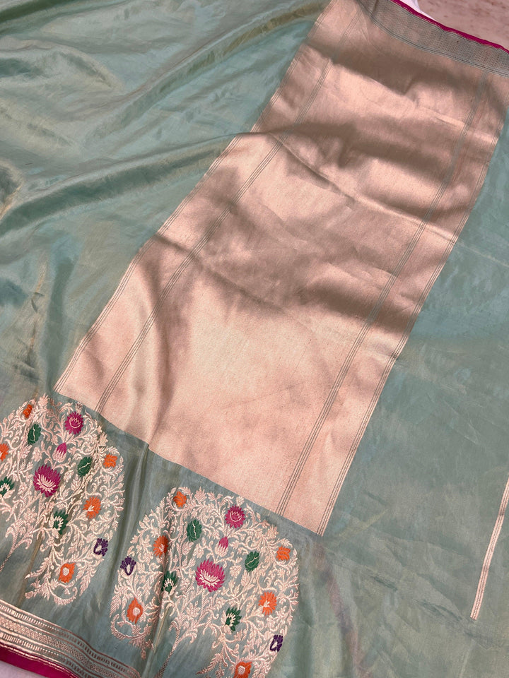 Mint Green Tissue Silk Saree Kadhwa Meena Zari Palla