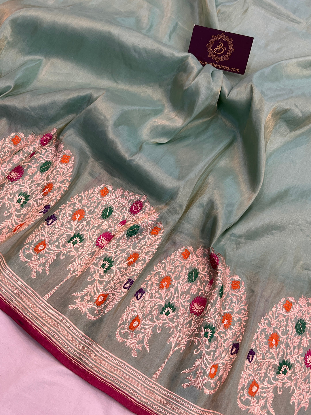 Mint Green Tissue Silk Saree Kadhwa Meena Zari Palla