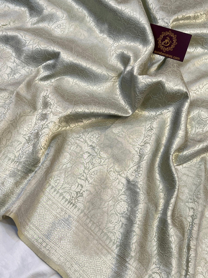 Light grey Pure Katan silk Handloom Banarasi Saree