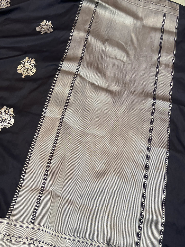 Black Pure Katan Silk Handloom Banarasi Saree