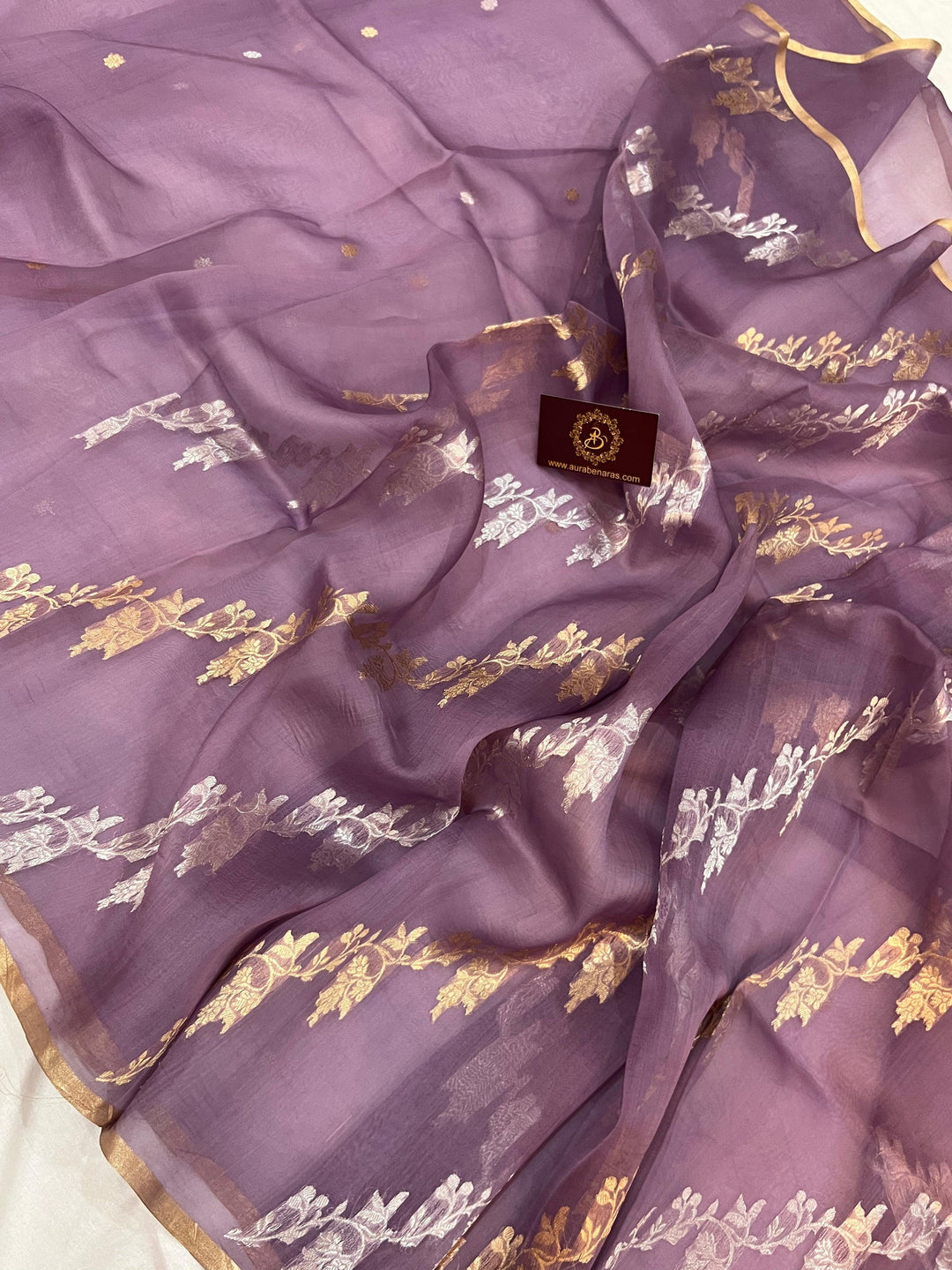 Dusky Lavender Banarasi Handloom Kora Silk Saree - Aura Benaras