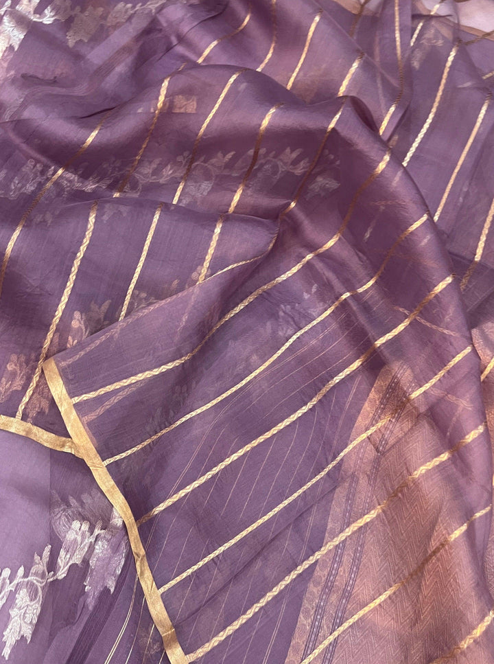 Dusky Lavender Banarasi Handloom Kora Silk Saree - Aura Benaras