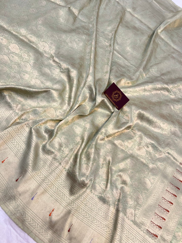 Pastel Pista Green Banarasi Handloom Katan Silk Saree - Aura Benaras