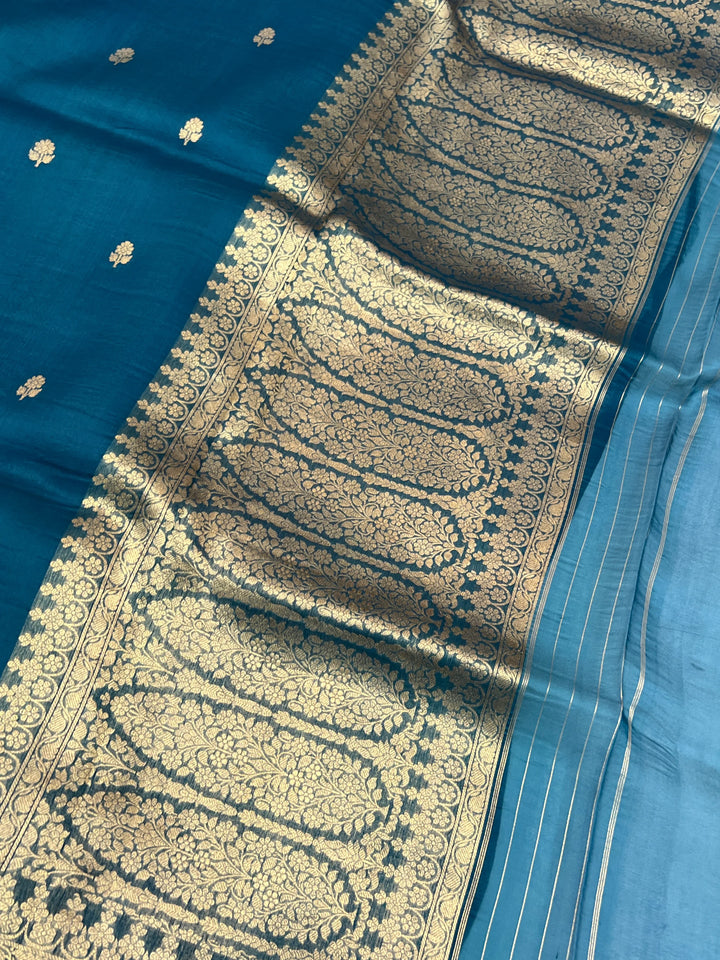 Rama Blue Pure Kora Silk Handloom Banarasi Saree