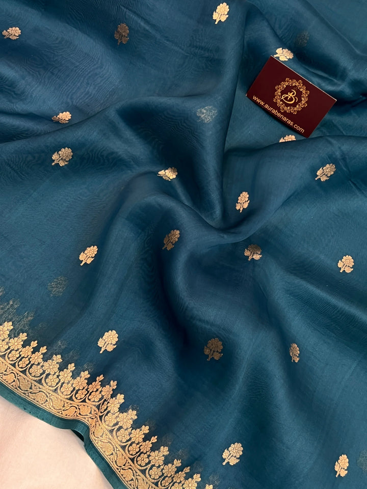 Rama Blue Pure Kora Silk Handloom Banarasi Saree