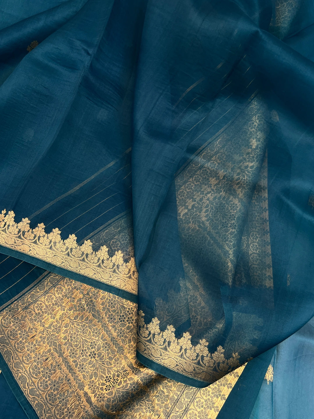 Rama Blue Pure Kora Silk Handloom Banarasi Saree