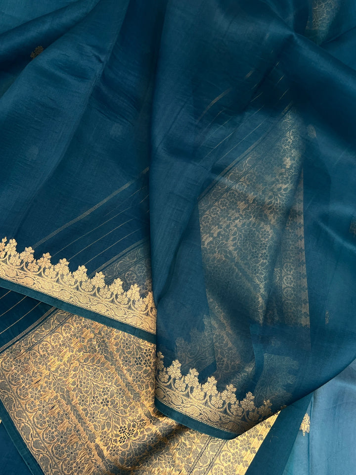 Rama Blue Pure Kora Silk Handloom Banarasi Saree