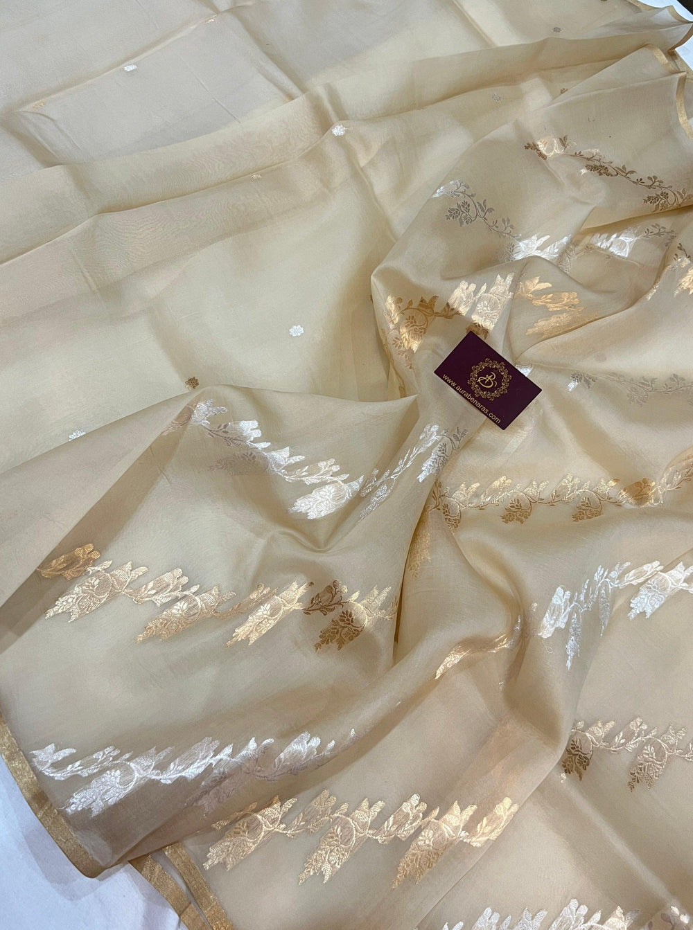 Cream Banarasi Handloom Kora Silk Saree - Aura Benaras