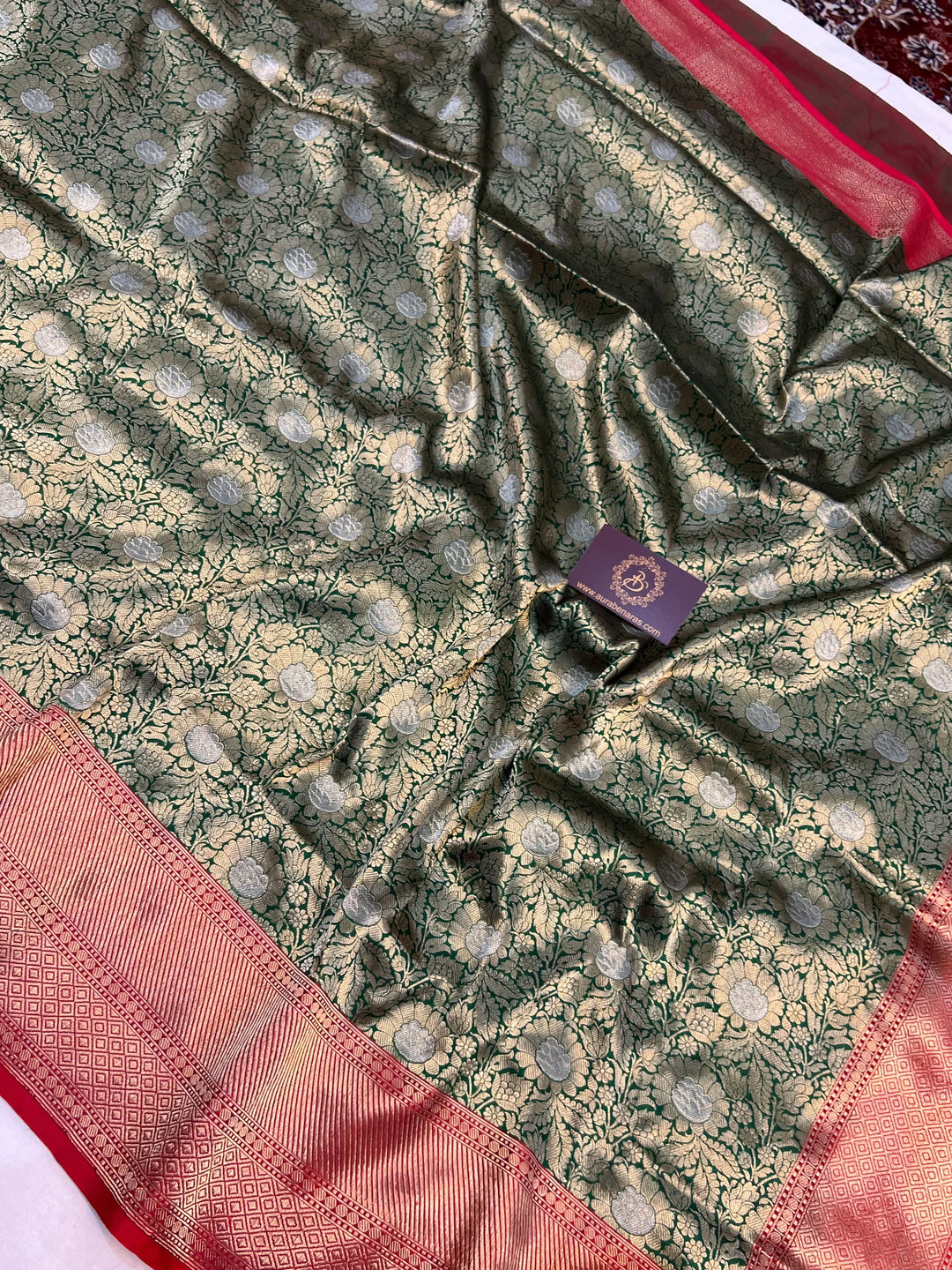 Bottle Green Banarasi Handloom Katan Silk Saree - Aura Benaras