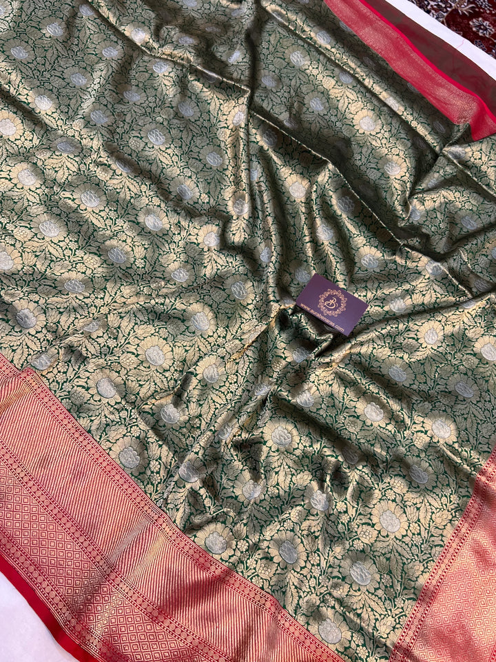 Bottle Green Banarasi Handloom Katan Silk Saree - Aura Benaras