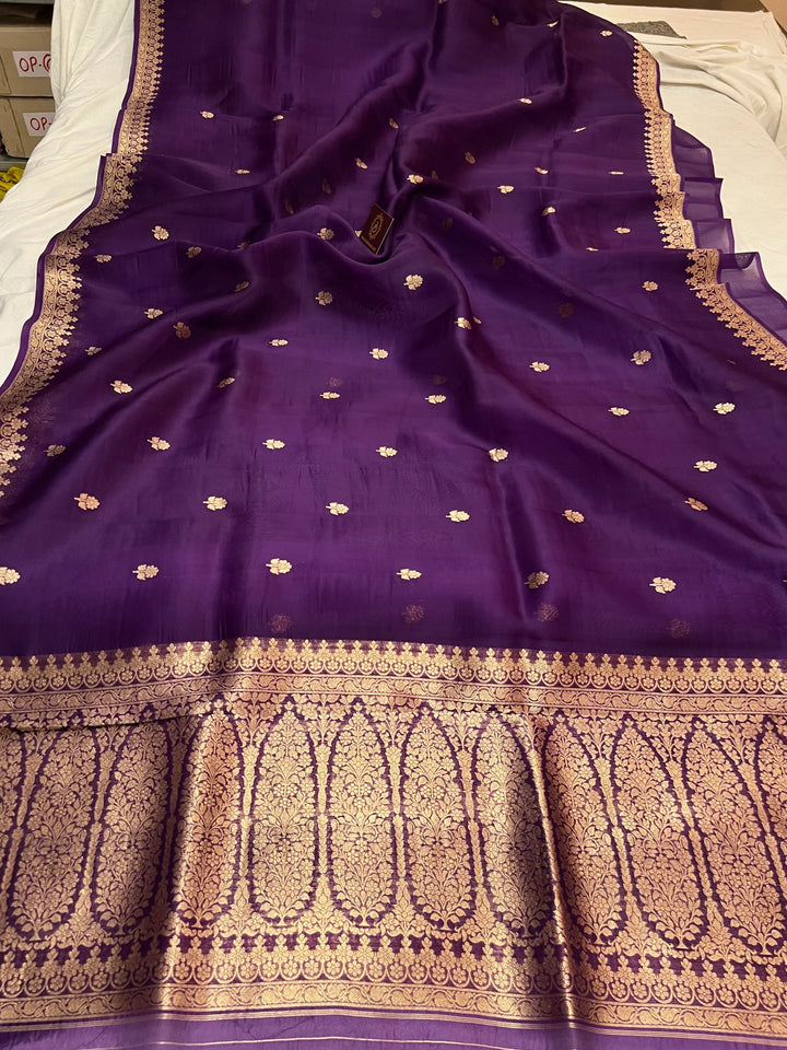 Purple Pure Kora Silk Handloom Banarasi Saree