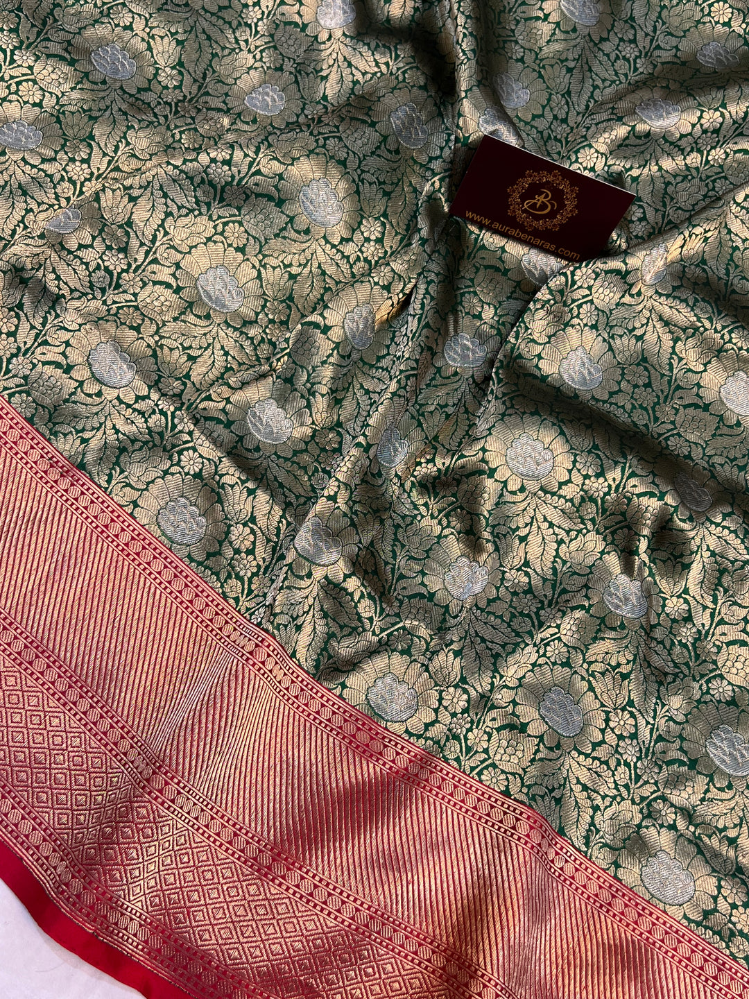 Bottle Green Banarasi Handloom Katan Silk Saree - Aura Benaras