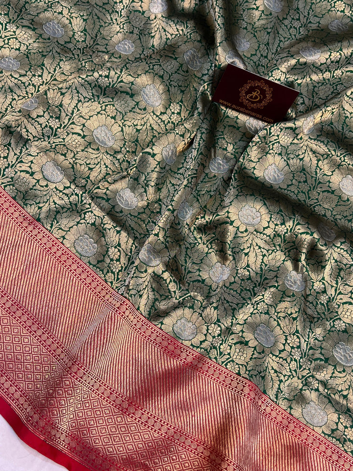 Bottle Green Banarasi Handloom Katan Silk Saree - Aura Benaras