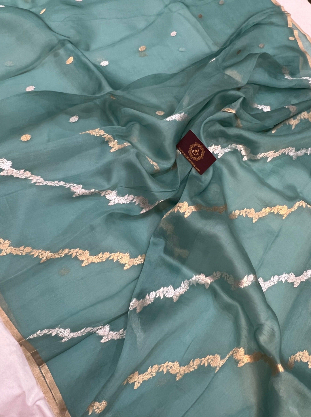 Greyish Blue Banarasi Handloom Kora Silk Saree - Aura Benaras
