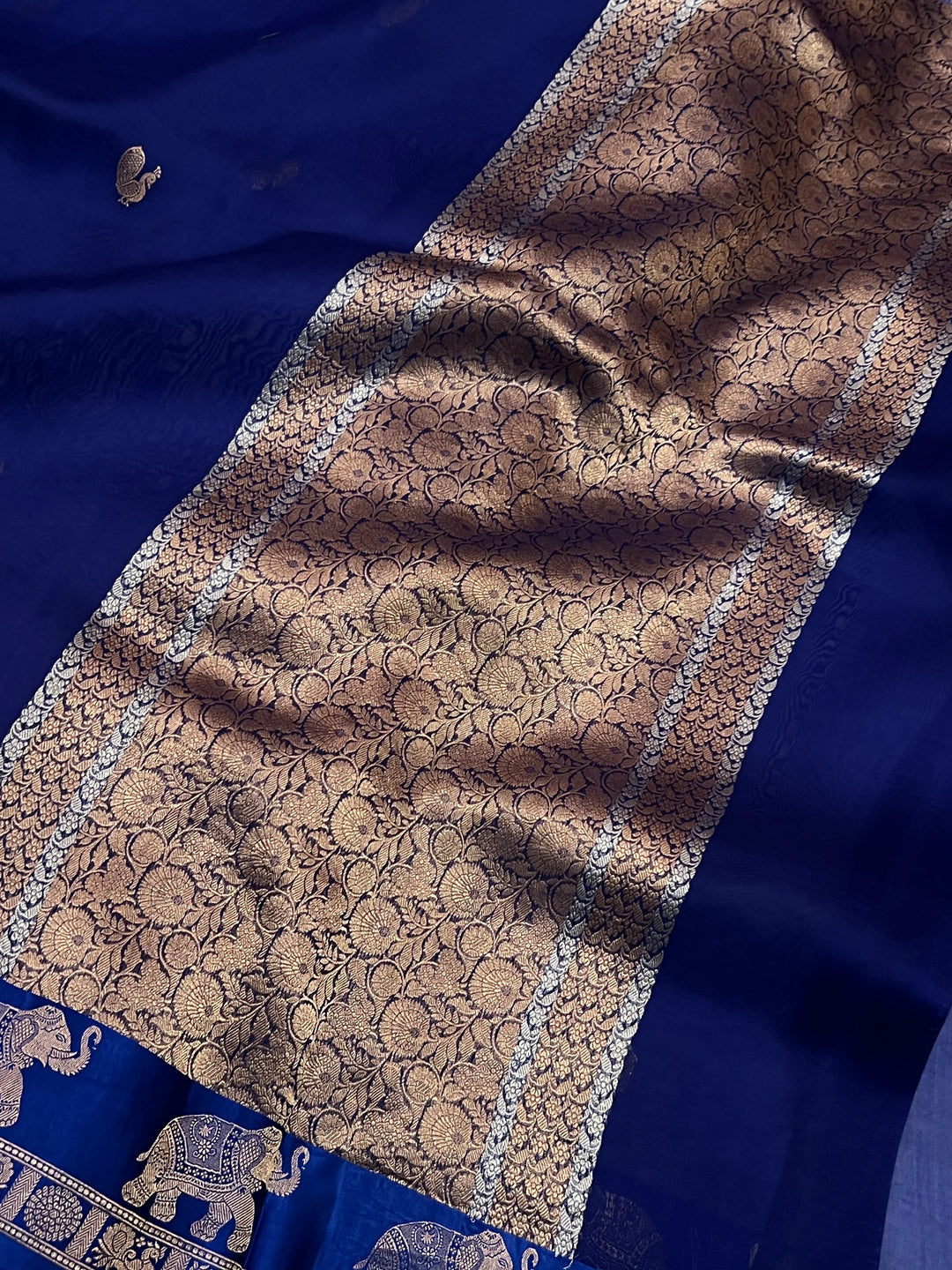 Navy Banarasi Handloom Kora Silk Saree
