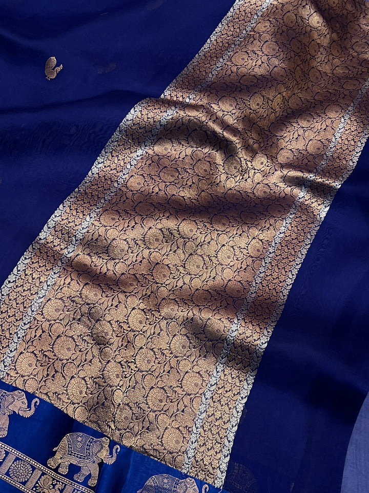 Navy Banarasi Handloom Kora Silk Saree