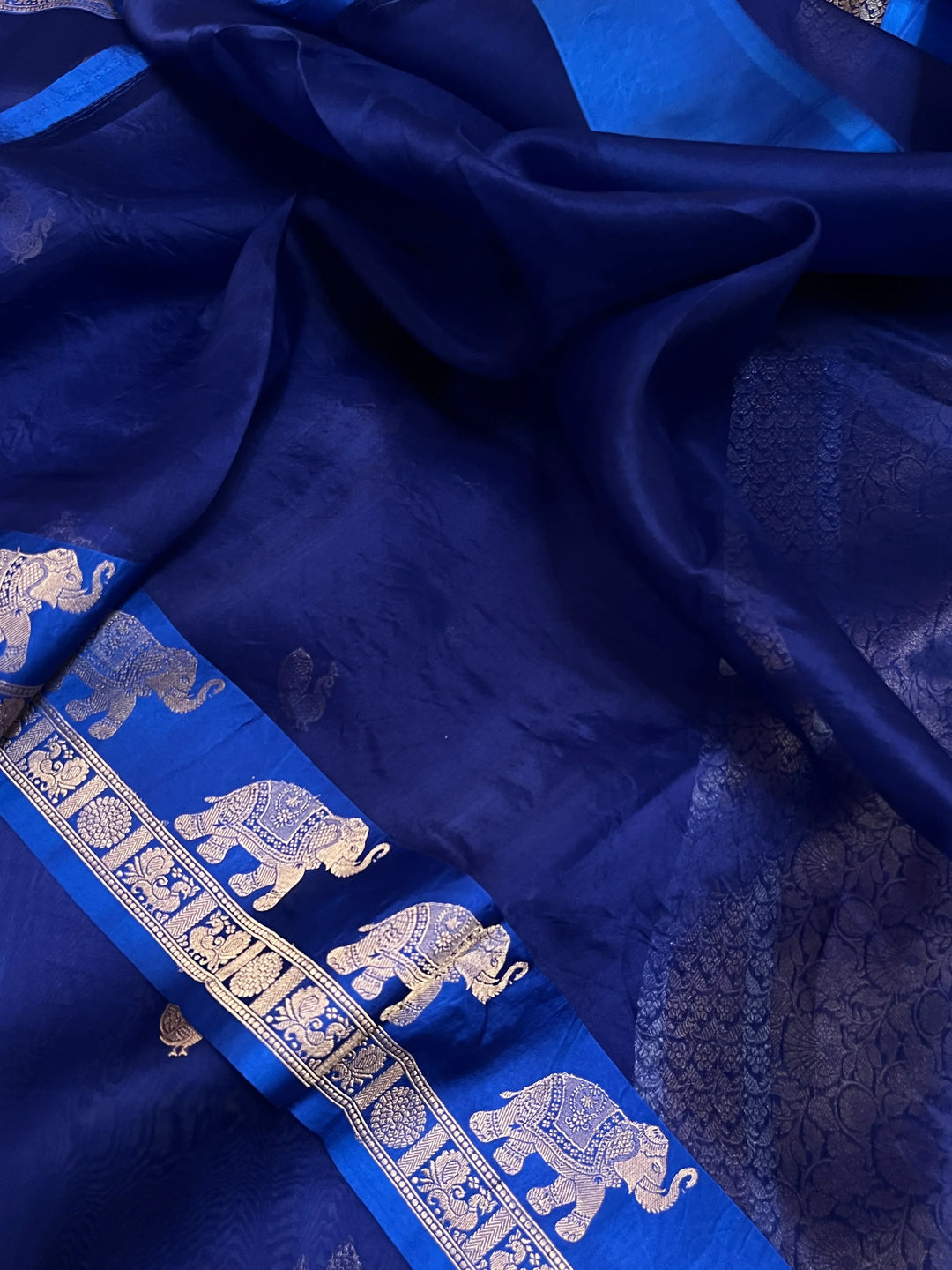 Navy Banarasi Handloom Kora Silk Saree