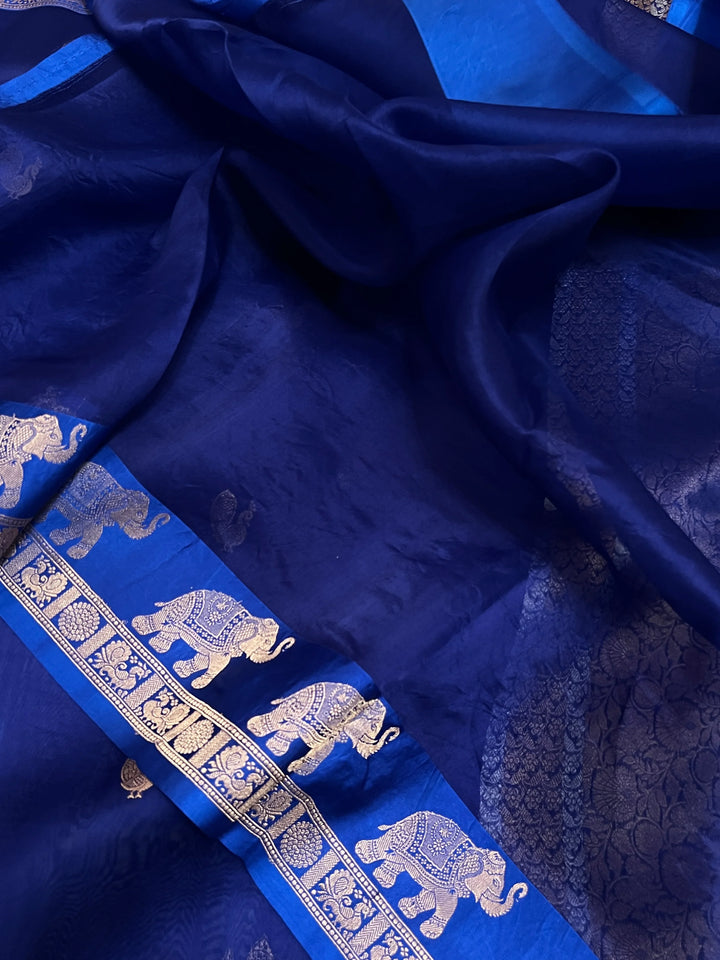 Navy Banarasi Handloom Kora Silk Saree