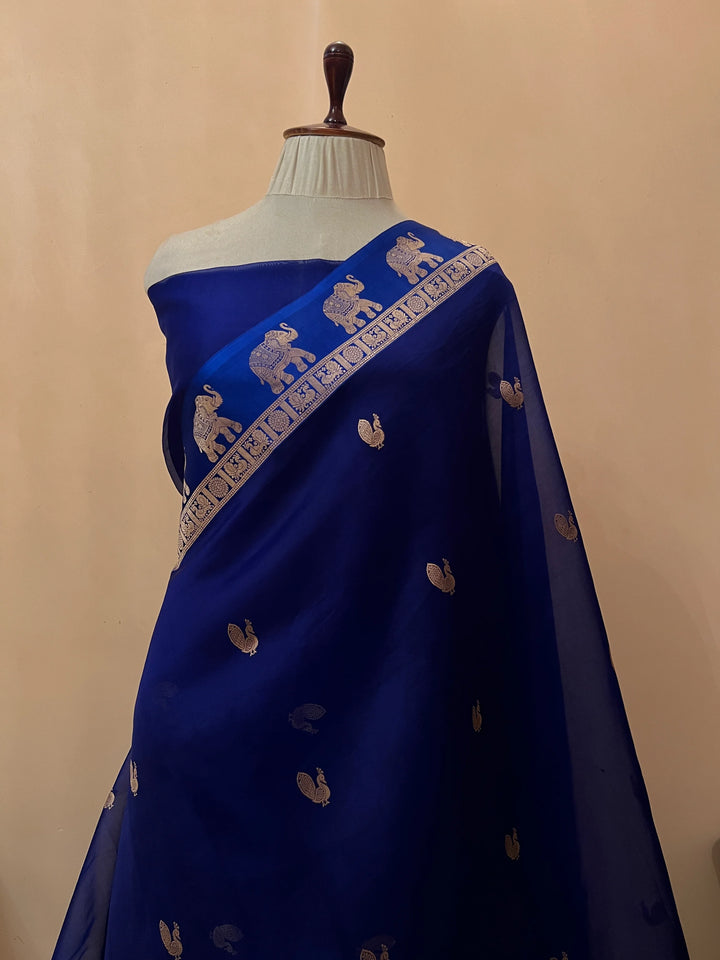 Navy Banarasi Handloom Kora Silk Saree
