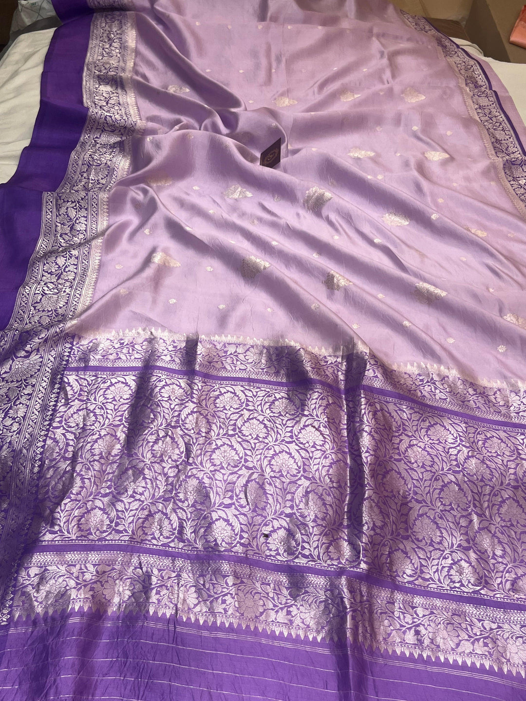 Pure silk Banarasi handloom saree with silver zari Kadhwa buta and Mashru silk border