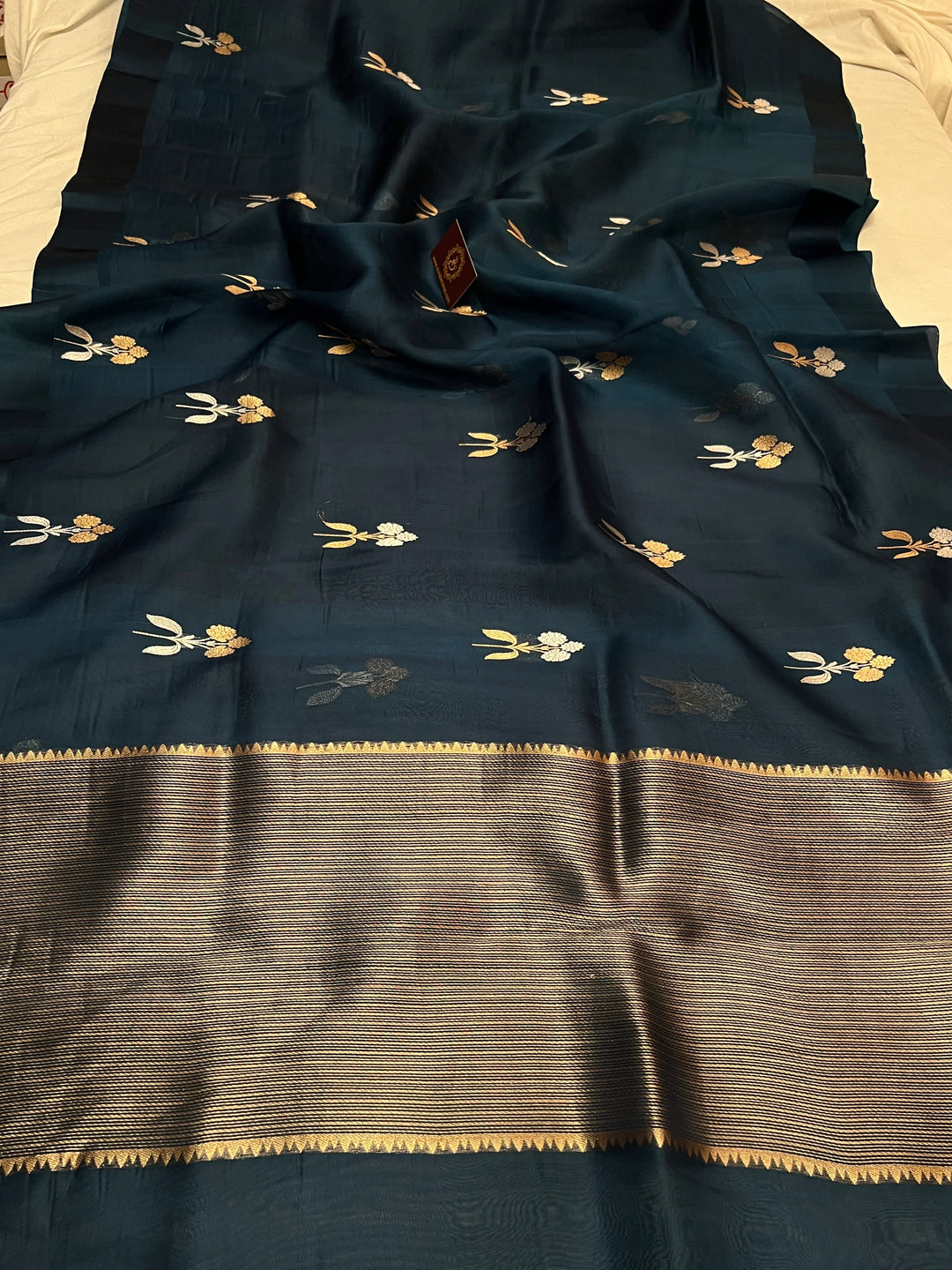 Teal Blue Pure Kora Silk Handloom Banarasi Saree