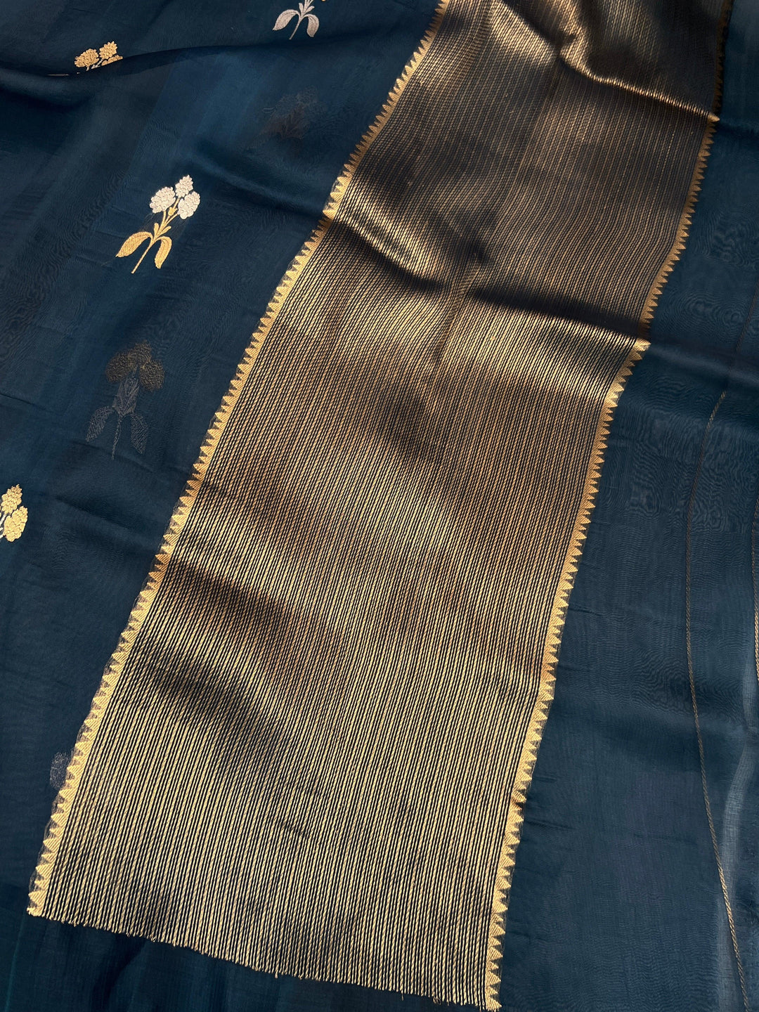 Teal Blue Pure Kora Silk Handloom Banarasi Saree